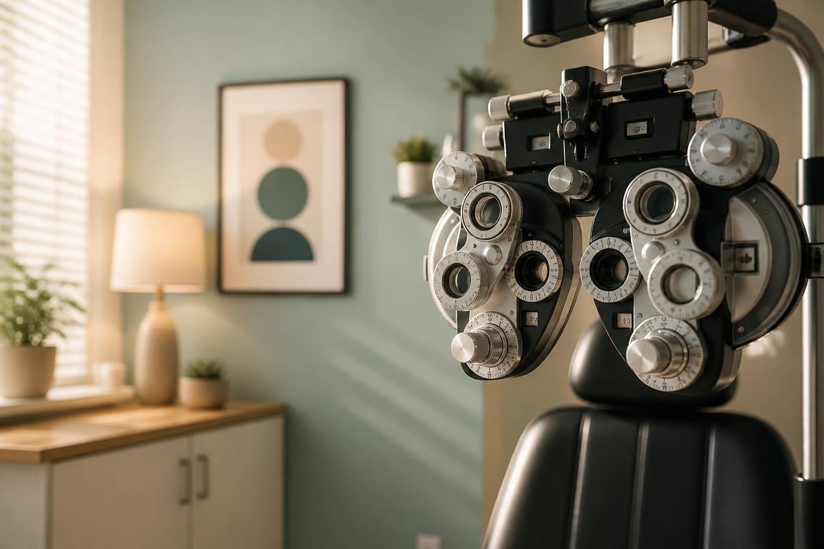 Phoropter in a softly lit optometry exam room
