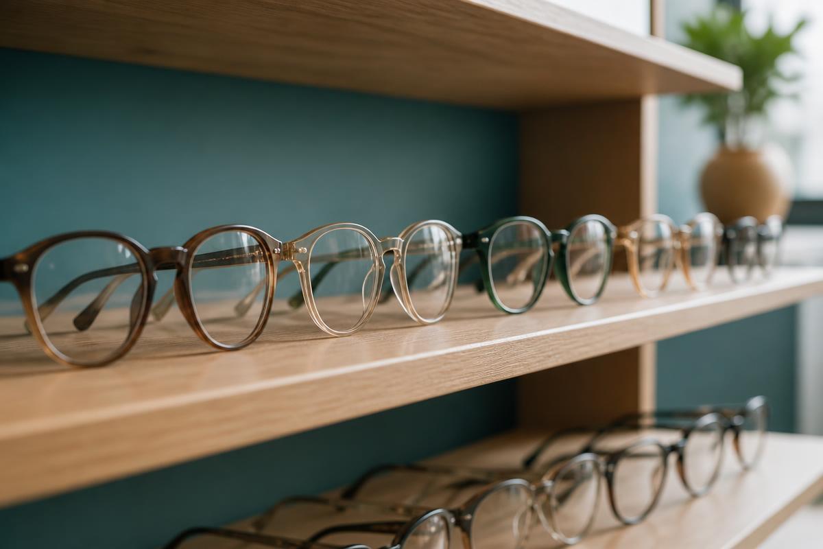Eyeglass frames displayed on a wooden optical shelf